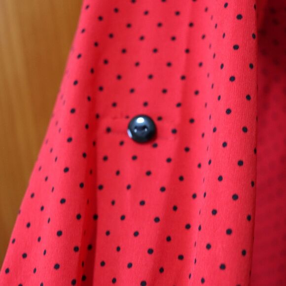 Notations Petite Red Black Polka Dot Mini Roll Tab Sleeve Button Down Blouse - Picture 6 of 15